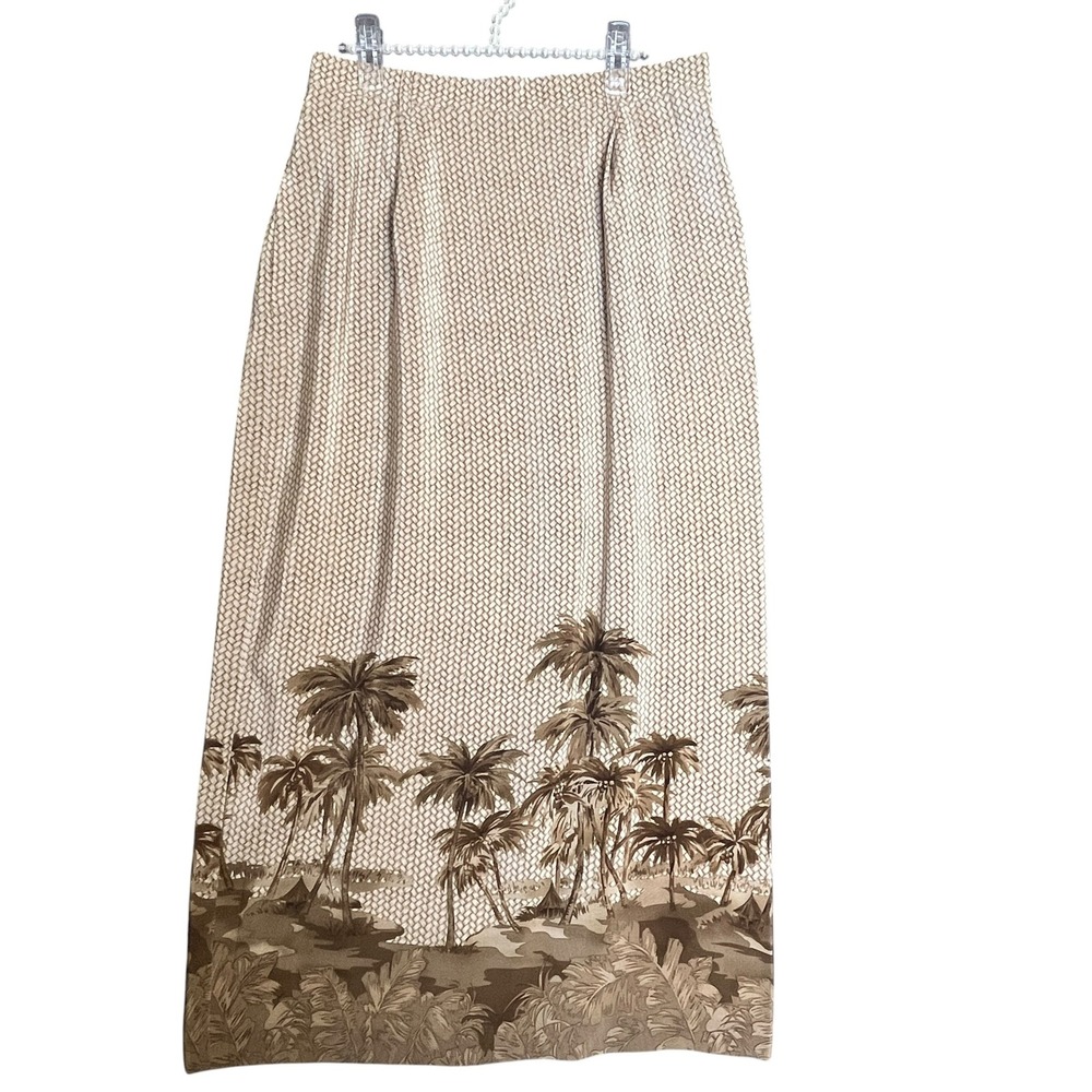 Vintage 90s Silk Maxi Skirt 12 Tropical Safari Resort Earthy Old Money Palm Tree
